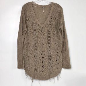 Free people classic BOHO extra long sweater top tan crochet knit fringe HMR2
